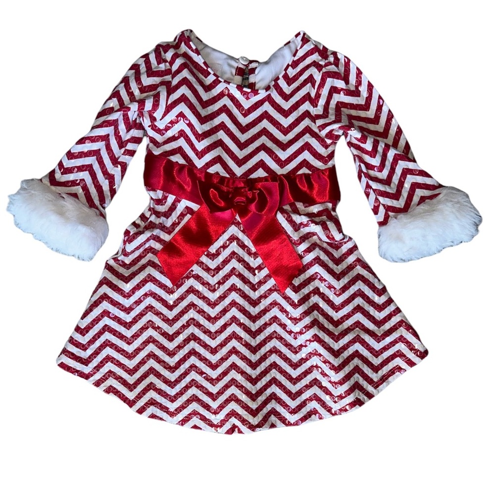 Bonnie Baby Red & White Chevron Print Long Sleeve Dress Size 12 Months